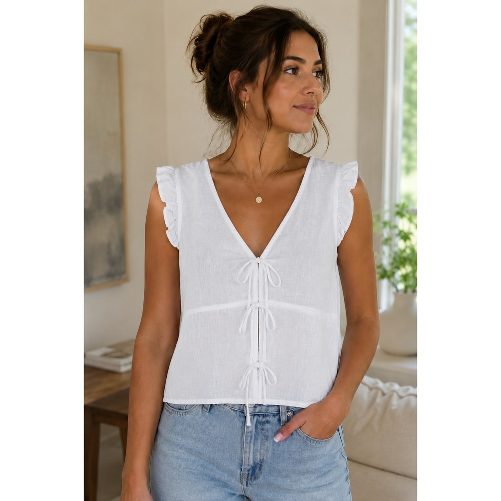 Joie 100% Linen White Tie Front Blouse Size Womens Size M Coastal Resort Top